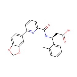 Cc1ccccc1[C@H](CC(=O)O)NC(=O)c1cccc(-c2ccc3c(c2)OCO3)n1 ZINC000261095393