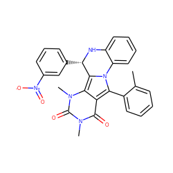 Cc1ccccc1-c1c2c(=O)n(C)c(=O)n(C)c2c2n1-c1ccccc1N[C@H]2c1cccc([N+](=O)[O-])c1 ZINC000015834349