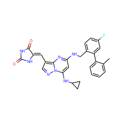 Cc1ccccc1-c1cc(F)ccc1CNc1cc(NC2CC2)n2ncc(/C=C3\NC(=O)NC3=O)c2n1 ZINC000167626206