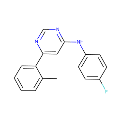 Cc1ccccc1-c1cc(Nc2ccc(F)cc2)ncn1 ZINC000004268485