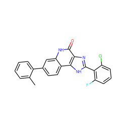 Cc1ccccc1-c1ccc2c(c1)[nH]c(=O)c1nc(-c3c(F)cccc3Cl)[nH]c12 ZINC000096270710