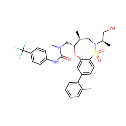 Cc1ccccc1-c1ccc2c(c1)O[C@H](CN(C)C(=O)Nc1ccc(C(F)(F)F)cc1)[C@@H](C)CN([C@H](C)CO)S2(=O)=O ZINC000095602306