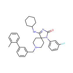 Cc1ccccc1-c1cccc(CN2CCC3(CC2)C(NC2CCCCC2)=NC(=O)N3c2cccc(F)c2)c1 ZINC000040953874