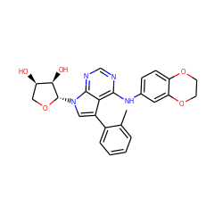 Cc1ccccc1-c1cn([C@@H]2OC[C@@H](O)[C@H]2O)c2ncnc(Nc3ccc4c(c3)OCCO4)c12 ZINC000013674253