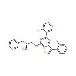 Cc1ccccc1-c1csc2c(NC[C@@H](N)Cc3ccccc3)nc(-c3ccncc3F)nc12 ZINC000223693508