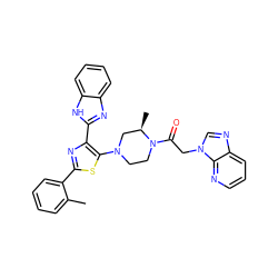 Cc1ccccc1-c1nc(-c2nc3ccccc3[nH]2)c(N2CCN(C(=O)Cn3cnc4cccnc43)[C@H](C)C2)s1 ZINC000143734739