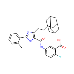 Cc1ccccc1-c1nc(CCC23CC4CC(CC(C4)C2)C3)c(C(=O)Nc2ccc(F)c(C(=O)O)c2)[nH]1 ZINC000013674713