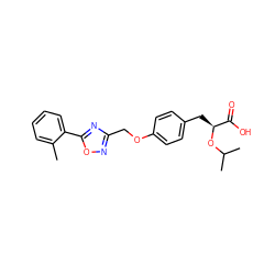 Cc1ccccc1-c1nc(COc2ccc(C[C@H](OC(C)C)C(=O)O)cc2)no1 ZINC000026404843