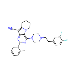 Cc1ccccc1-c1nc(N2CCN(CCc3ccc(F)c(F)c3)CC2)c2c(n1)c(C#N)c1n2CCCC1 ZINC000013559640