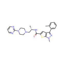 Cc1ccccc1-c1nn(C)c2sc(C(=O)N[C@@H](C)CN3CCN(c4ncccn4)CC3)cc12 ZINC000045366841