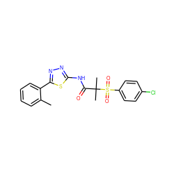 Cc1ccccc1-c1nnc(NC(=O)C(C)(C)S(=O)(=O)c2ccc(Cl)cc2)s1 ZINC000040862546