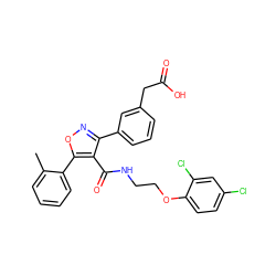 Cc1ccccc1-c1onc(-c2cccc(CC(=O)O)c2)c1C(=O)NCCOc1ccc(Cl)cc1Cl ZINC000037866940