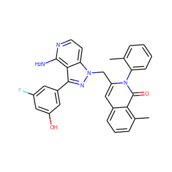 Cc1ccccc1-n1c(Cn2nc(-c3cc(O)cc(F)c3)c3c(N)nccc32)cc2cccc(C)c2c1=O ZINC000088345925