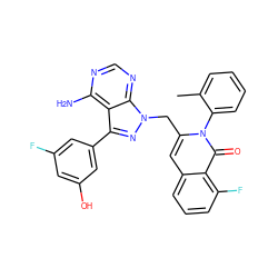 Cc1ccccc1-n1c(Cn2nc(-c3cc(O)cc(F)c3)c3c(N)ncnc32)cc2cccc(F)c2c1=O ZINC000088346122