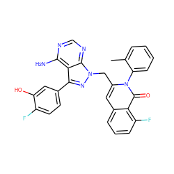 Cc1ccccc1-n1c(Cn2nc(-c3ccc(F)c(O)c3)c3c(N)ncnc32)cc2cccc(F)c2c1=O ZINC000088345622