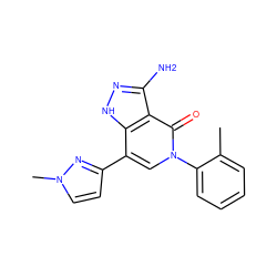 Cc1ccccc1-n1cc(-c2ccn(C)n2)c2[nH]nc(N)c2c1=O ZINC000263621147