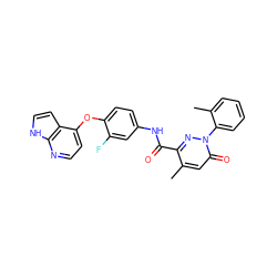 Cc1ccccc1-n1nc(C(=O)Nc2ccc(Oc3ccnc4[nH]ccc34)c(F)c2)c(C)cc1=O ZINC001772617184