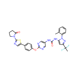 Cc1ccccc1-n1nc(C(C)(F)F)cc1NC(=O)Nc1cnc(Oc2ccc(-c3cnc(N4CCCC4=O)s3)cc2)nc1 ZINC000143720023