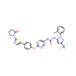 Cc1ccccc1-n1nc(C(F)(F)F)cc1NC(=O)Nc1cnc(Oc2ccc(-c3cnc(N4CCCC4=O)s3)cc2)nc1 ZINC000143854196