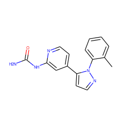 Cc1ccccc1-n1nccc1-c1ccnc(NC(N)=O)c1 ZINC000141312698