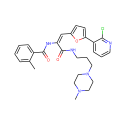 Cc1ccccc1C(=O)N/C(=C/c1ccc(-c2cccnc2Cl)o1)C(=O)NCCCN1CCN(C)CC1 ZINC000022797028