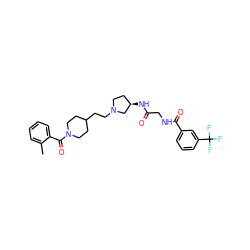 Cc1ccccc1C(=O)N1CCC(CCN2CC[C@@H](NC(=O)CNC(=O)c3cccc(C(F)(F)F)c3)C2)CC1 ZINC000049781185