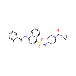 Cc1ccccc1C(=O)Nc1ccc(S(=O)(=O)NC2CCN(C(=O)C3CC3)CC2)c2ccccc12 ZINC000035242673