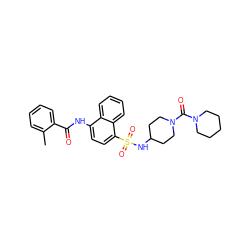 Cc1ccccc1C(=O)Nc1ccc(S(=O)(=O)NC2CCN(C(=O)N3CCCCC3)CC2)c2ccccc12 ZINC000036184930