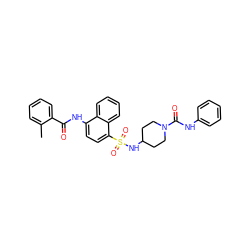 Cc1ccccc1C(=O)Nc1ccc(S(=O)(=O)NC2CCN(C(=O)Nc3ccccc3)CC2)c2ccccc12 ZINC000036184927