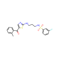 Cc1ccccc1C(=O)c1cnc(NCCCNS(=O)(=O)c2cccc(F)c2)s1 ZINC000028459812