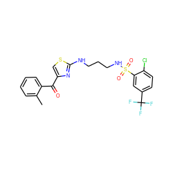 Cc1ccccc1C(=O)c1csc(NCCCNS(=O)(=O)c2cc(C(F)(F)F)ccc2Cl)n1 ZINC000028396346