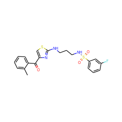 Cc1ccccc1C(=O)c1csc(NCCCNS(=O)(=O)c2cccc(F)c2)n1 ZINC000028462256