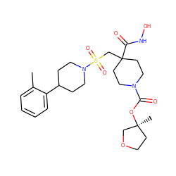 Cc1ccccc1C1CCN(S(=O)(=O)CC2(C(=O)NO)CCN(C(=O)O[C@@]3(C)CCOC3)CC2)CC1 ZINC000029040043