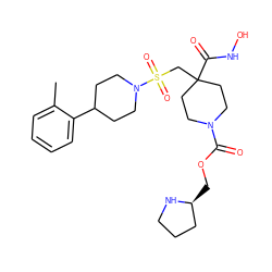 Cc1ccccc1C1CCN(S(=O)(=O)CC2(C(=O)NO)CCN(C(=O)OC[C@H]3CCCN3)CC2)CC1 ZINC000029040122