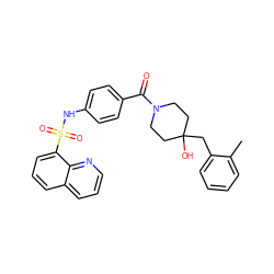 Cc1ccccc1CC1(O)CCN(C(=O)c2ccc(NS(=O)(=O)c3cccc4cccnc34)cc2)CC1 ZINC000220753768