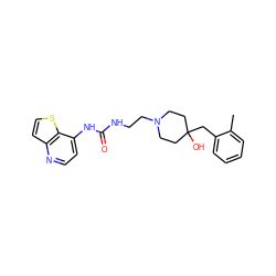 Cc1ccccc1CC1(O)CCN(CCNC(=O)Nc2ccnc3ccsc23)CC1 ZINC000220150733