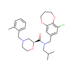 Cc1ccccc1CN1CCO[C@H](C(=O)N(Cc2cc(Cl)c3c(c2)OCCCO3)CC(C)C)C1 ZINC000114100852