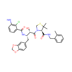 Cc1ccccc1CNC(=O)[C@H]1N(C(=O)[C@@H](O)[C@H](Cc2ccc3c(c2)OCO3)NC(=O)c2cccc(N)c2Cl)CSC1(C)C ZINC000029132180