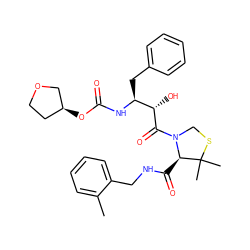 Cc1ccccc1CNC(=O)[C@H]1N(C(=O)[C@@H](O)[C@H](Cc2ccccc2)NC(=O)O[C@H]2CCOC2)CSC1(C)C ZINC000049767330