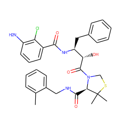 Cc1ccccc1CNC(=O)[C@H]1N(C(=O)[C@@H](O)[C@H](Cc2ccccc2)NC(=O)c2cccc(N)c2Cl)CSC1(C)C ZINC000029131939