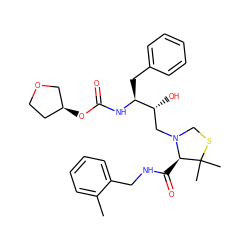 Cc1ccccc1CNC(=O)[C@H]1N(C[C@@H](O)[C@H](Cc2ccccc2)NC(=O)O[C@H]2CCOC2)CSC1(C)C ZINC000049766709