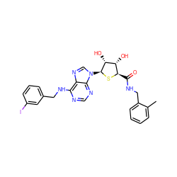 Cc1ccccc1CNC(=O)[C@H]1S[C@@H](n2cnc3c(NCc4cccc(I)c4)ncnc32)[C@H](O)[C@@H]1O ZINC000049767245