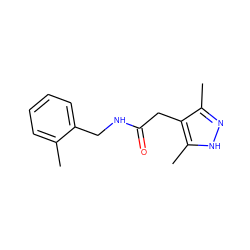 Cc1ccccc1CNC(=O)Cc1c(C)n[nH]c1C ZINC000015769323