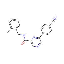 Cc1ccccc1CNC(=O)c1cncc(-c2ccc(C#N)cc2)n1 ZINC000064446853