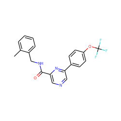 Cc1ccccc1CNC(=O)c1cncc(-c2ccc(OC(F)(F)F)cc2)n1 ZINC000064447500