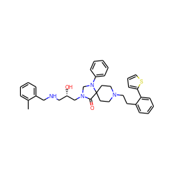 Cc1ccccc1CNC[C@H](O)CN1CN(c2ccccc2)C2(CCN(CCc3ccccc3-c3cccs3)CC2)C1=O ZINC000299867262