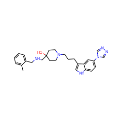 Cc1ccccc1CNCC1(O)CCN(CCCc2c[nH]c3ccc(-n4cnnc4)cc23)CC1 ZINC000026998033