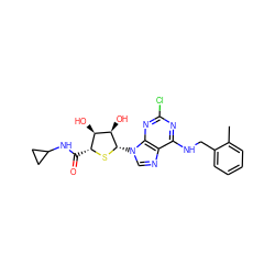 Cc1ccccc1CNc1nc(Cl)nc2c1ncn2[C@@H]1S[C@H](C(=O)NC2CC2)[C@@H](O)[C@H]1O ZINC000013678683