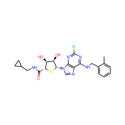 Cc1ccccc1CNc1nc(Cl)nc2c1ncn2[C@@H]1S[C@H](C(=O)NCC2CC2)[C@@H](O)[C@H]1O ZINC000013678685