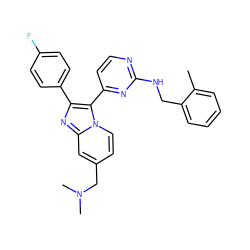 Cc1ccccc1CNc1nccc(-c2c(-c3ccc(F)cc3)nc3cc(CN(C)C)ccn23)n1 ZINC000028963665